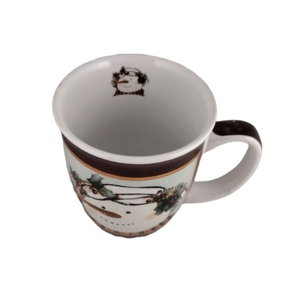 Snowman Coffee Mug Tea Cup Holiday Christmas Holly Scarf White Brown Read - Picture 3 of 7